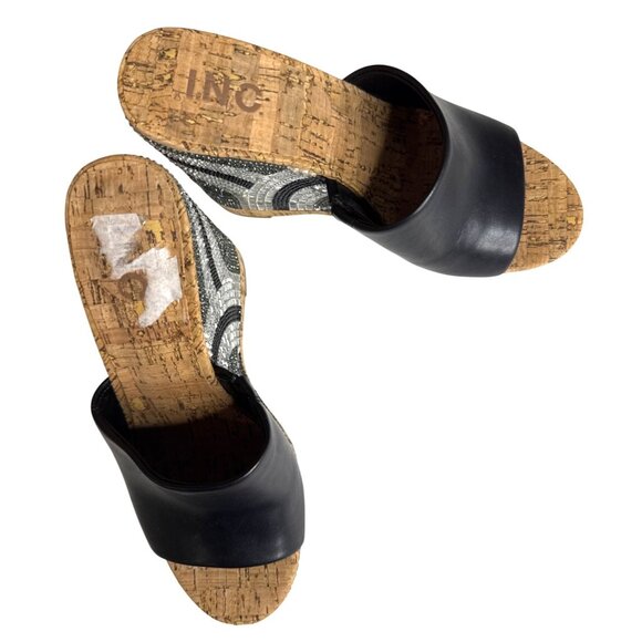 INC Black Leather Cork Wedge Sandals W/Rhinestone Embellished Heel 6.5 - Picture 2 of 10